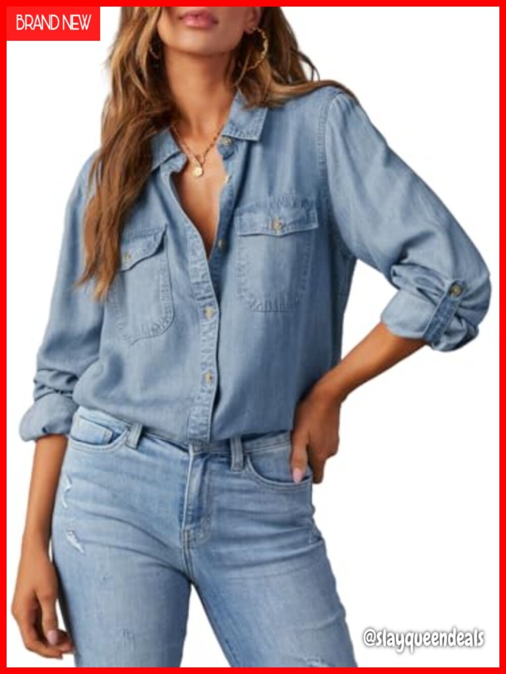 Women's Lyocell Denim Button Down Shirt Long Sleeve Blouse Casual